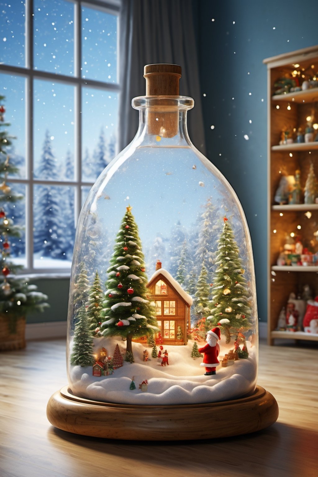 photorealistic, best quaity, 8k, high, 
Christmass tree and Santa in a bottle, bottle standing in a child room, falling_snow,more detail XL