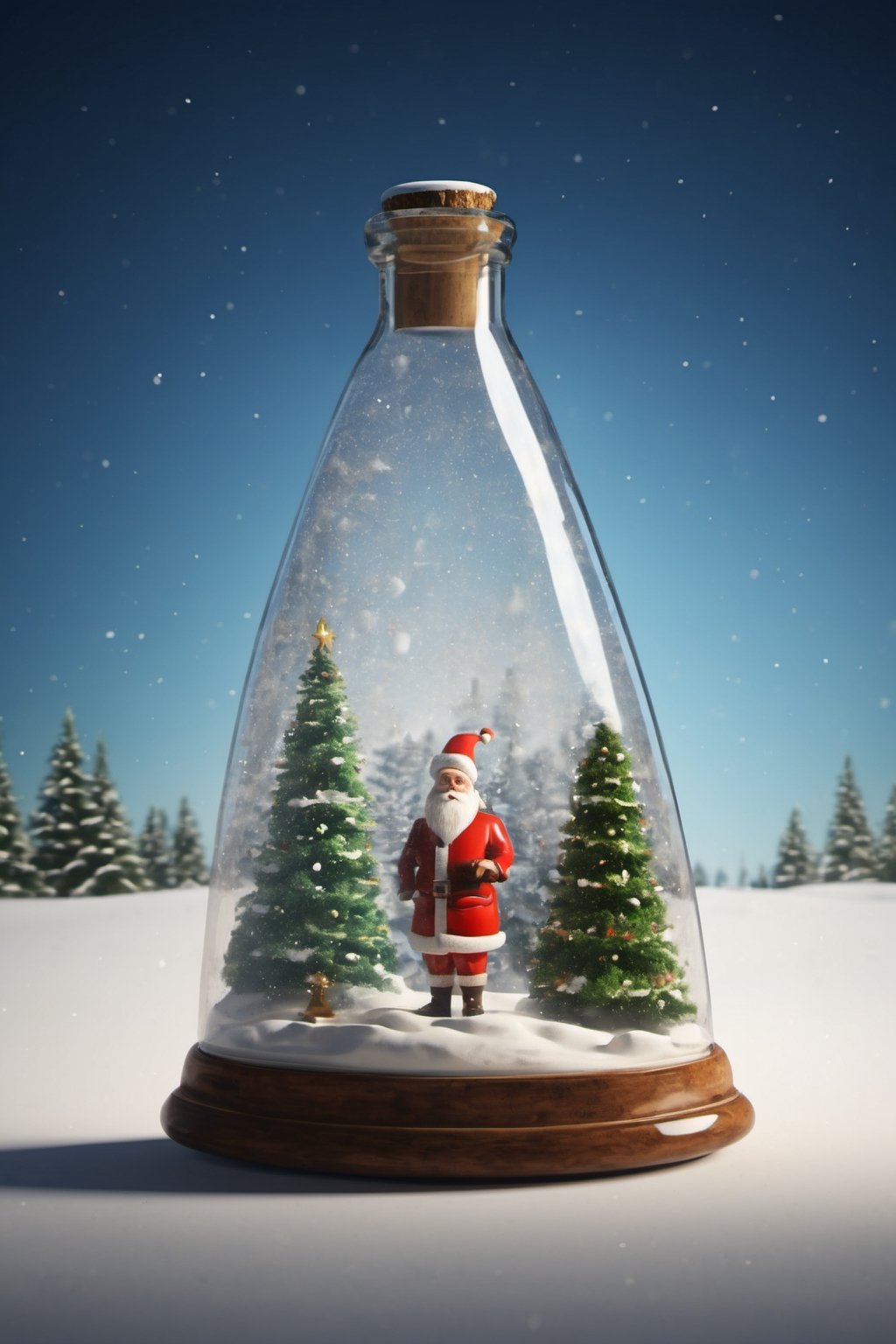 photorealistic, best quaity, 8k, high, 
Christmass tree and Santa in a bottle, falling_snow