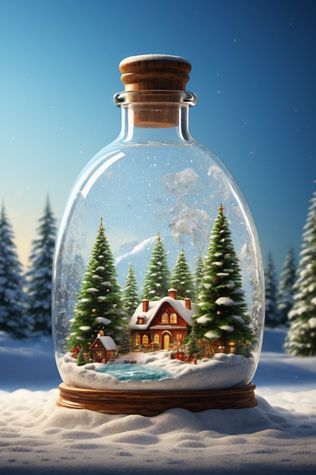 photorealistic, best quaity, 8k, high, 
Christmass tree and Santa in a bottle, falling_snow,more detail XL