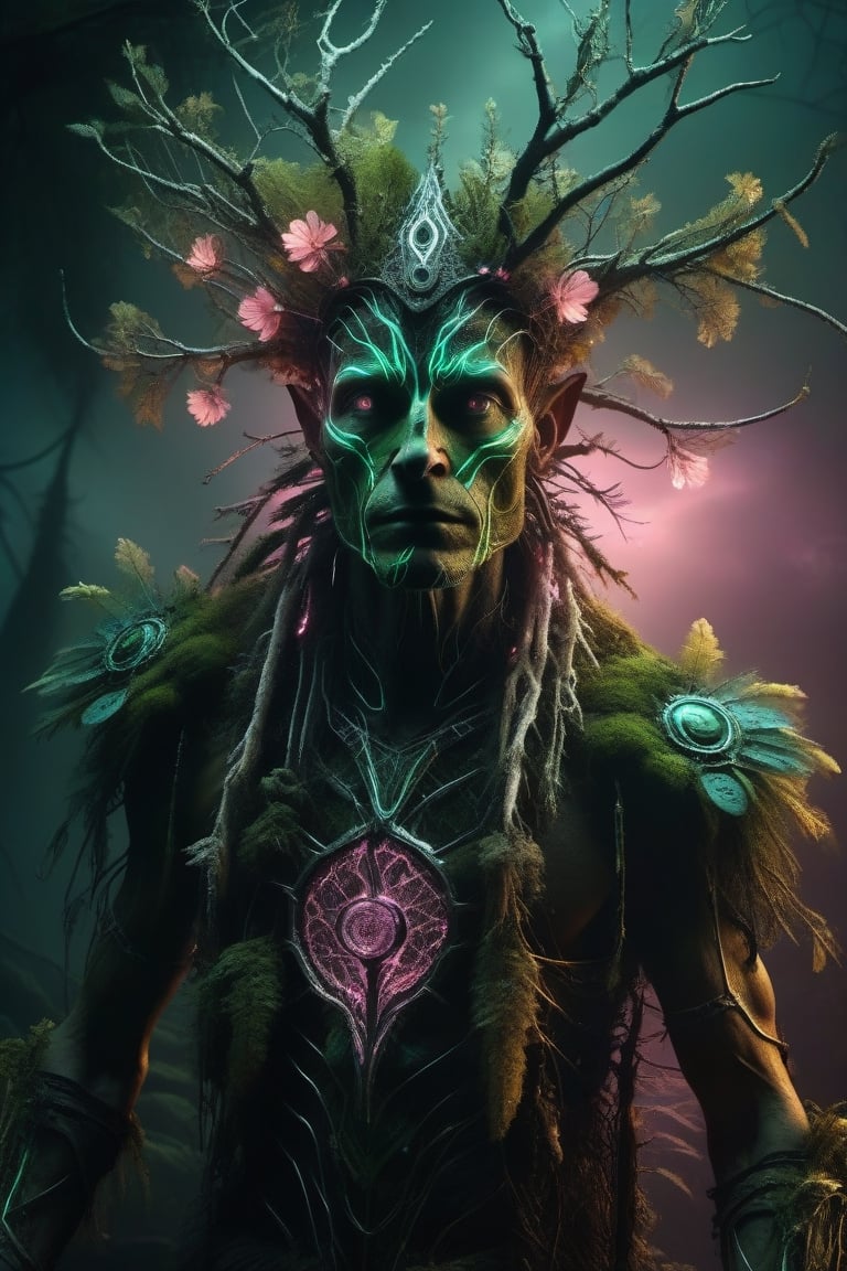 (The king),(Cyberpunk Treeman),metal leaves,wired branches,glowing light eyes,mechanical bark,with moss-covered bark,tribe outfit,(ancient tribal markings),control tendrils extending from the arms,Neon lights dancing on the body,(Lightning around branches and leaves),(peach blossom),Soft and delicate petals,vivd colour,(A harmonious blend of green and pink),(Ominous dark clouds in the sky),Night atmosphere,A futuristic,Vivid colors and high-contrast lighting,Dramatic shadows and highlights.(best quality, 4k, 8k, masterpiece: 1.2), ultra fine, (realistic, photo realistic, photo realistic: 1.37)