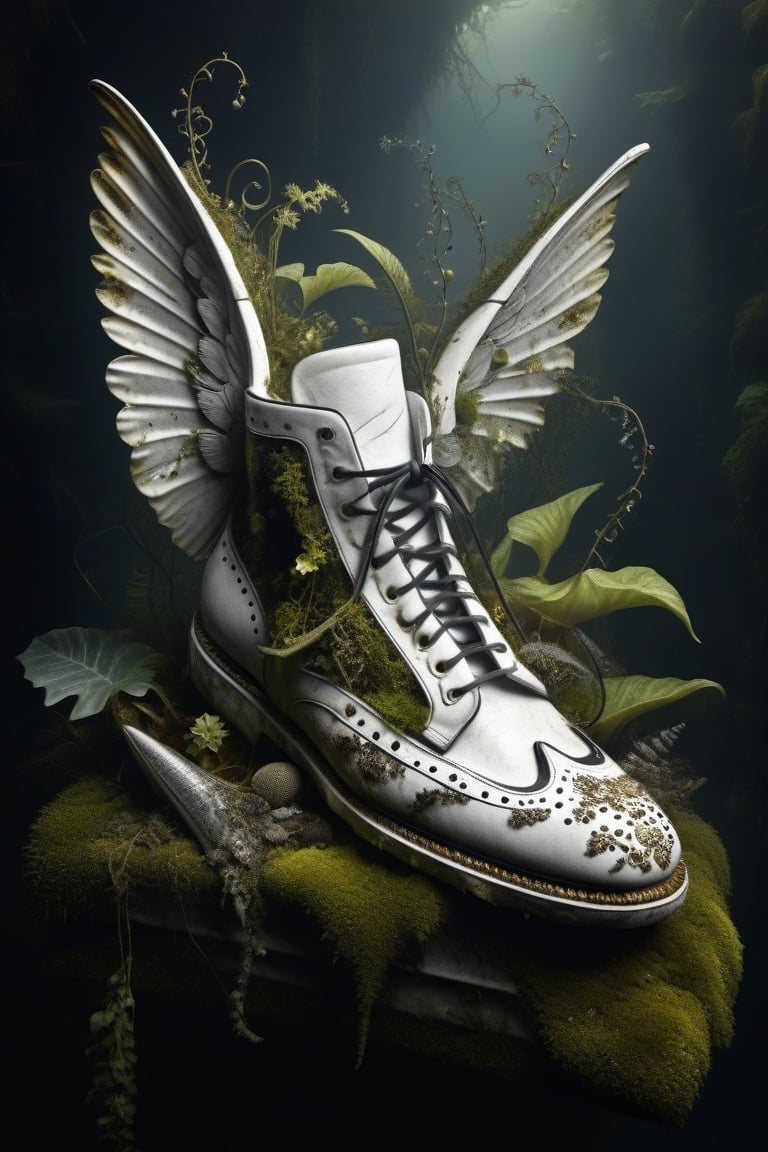 High definition photorealistic render of an incredible and mysterious luxurious abandoned shoes with wing, with vining plants and moss, made in white marble with black and gold details in classic abandoned ornament and located on the seabed, with fish sharks marine life, aquatic plants, sea beds, shells and explosion of bubbles