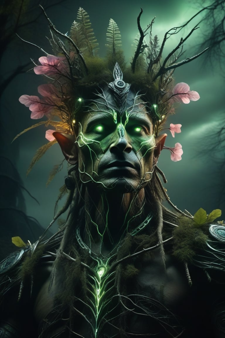 (The king),(Cyberpunk Treeman),metal leaves,wired branches,glowing light eyes,mechanical bark,with moss-covered bark,tribe outfit,(ancient tribal markings),control tendrils extending from the arms,Neon lights dancing on the body,(Lightning around branches and leaves),(peach blossom),Soft and delicate petals,vivd colour,(A harmonious blend of green and pink),(Ominous dark clouds in the sky),Night atmosphere,A futuristic,Vivid colors and high-contrast lighting,Dramatic shadows and highlights.(best quality, 4k, 8k, masterpiece: 1.2), ultra fine, (realistic, photo realistic, photo realistic: 1.37)