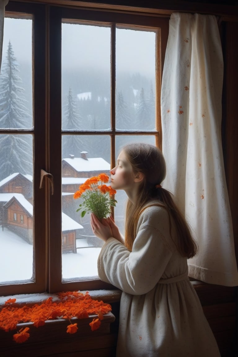 (masterpiece, best quality),Snow falls outside the window of a girls room. BREAK A girl with a sad expression sits on the bed, leaning against the wall. She is wrapped in a white blanket with orange flowers. Her long brown hair covers her ears. Her hands are hidden inside the blanket. BREAK The window is open, with a wooden frame and a white curtain on the left. Snow is piled up on the frame. Below the window, there is a small vase with a red flower. BREAK The girl looks at the snowy landscape, with snow-covered roofs, forest and mountains. The mood is lonely and peaceful., Anime,Enhanced All,ghibli,illustrator,sticker design