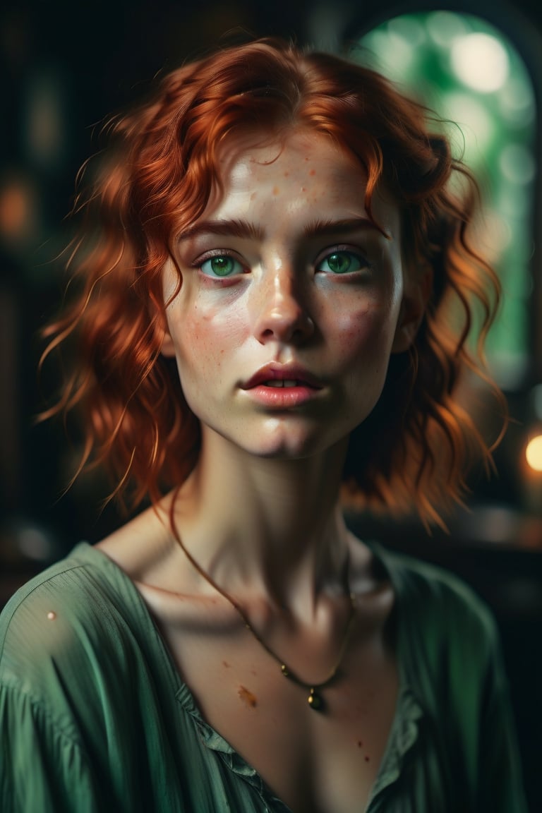 raw realistic potarait of beautiful girlA short, petite frame. Hair so red and wavy falling just past her shoulders, surrounding a circular face with softness, light freckles on her nose, naturally arched red eyebrows over bright green eyes that looked almost blue in some lights., indoor background grainy cinematic, godlyphoto r3al,detailmaster2,aesthetic portrait, cinematic colors, earthy , moody, look , grainy cinematic, fantasy vibes godlyphoto r3al,detailmaster2,aesthetic portrait, cinematic colors