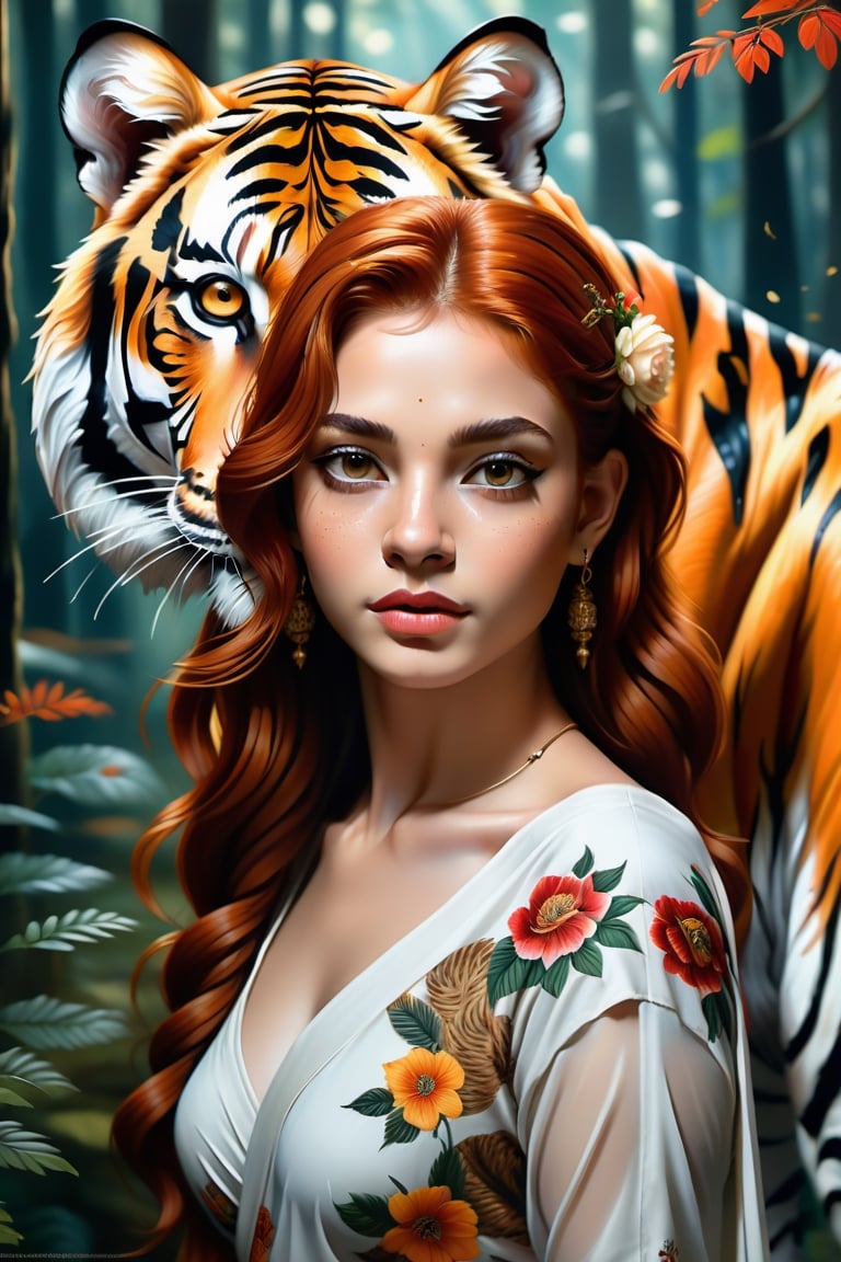 oil painting style, best quality, detailed face, full figure, a half-hybrid girl with a tiger, she has ears like a tiger and a tail like a tiger , the rest of her body is human, she has beautiful red hair, a beautiful symmetrical face with an innocent cut, she is in the forest, she has beautiful black eyes, wearing a floral print white saree dress, she is with other animals symmetrical, vibrant, style artwork, highly detailed CG, 8k wallpaper, beautiful face, full scene, full body shape