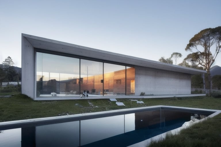 amorphous sMinimalist, modern, straight geometric house, exposed concrete, full glass, pool with reflections in water, location on a mountain slope, view of the landscape, setting at sunset.helter covered in small parts in wood color, realistic people walking, urban plaza environment,dvarchmodern