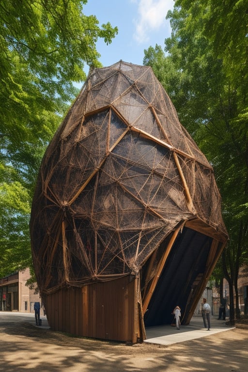 amorphous shelter covered in small parts in wood color, realistic people walking, urban plaza environment, night scene