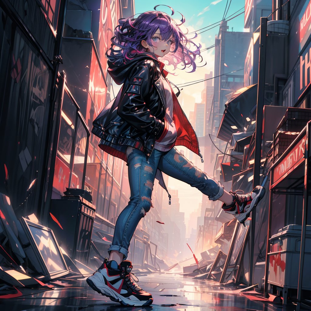 A highly detailed illustration of a girl with purple hair, standing in a dynamic rock 'n' roll pose. She has expressive eyes, and her hair is styled in a wild, wind-blown manner. She is wearing a stylish leather jacket, ripped jeans, and high-top sneakers. Her hands are in her pockets, and she is sticking out her tongue in a playful, defiant manner, looking directly at the viewer. The background is a graffiti-style wall with splashes of paint thrown against it, creating a vibrant and chaotic atmosphere. The lighting is dramatic, with multiple dynamic light sources casting sharp shadows and highlights. Render in ultra-high 8K resolution with maximum texture detail, enhanced lighting effects, and smooth motion capture