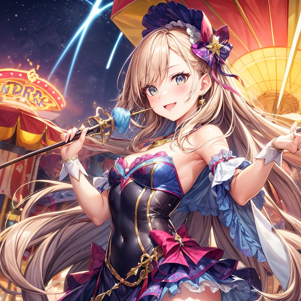 Create a highly detailed 3D illustration of a magical girl in an amusement park, accompanied by a cute mascot animal, in a realistic anime style with a sexy vibe. The girl is striking a joyful and dynamic pose, perhaps with her wand held high above her head and her other hand elegantly outstretched to the side. She has a more mature, beautiful face with refined, elegant features, making her look like a stunningly beautiful young woman. Her outfit is designed to be as revealing as possible while maintaining elegance, with a focus on accentuating her curves and showing more skin. She wears an exquisitely detailed witch-themed outfit with intricate lace, an elaborate dark, frilly dress adorned with sparkling jewels, a pointed hat with a crescent moon, and patterned tights with magical symbols. She has a bright smile and sparkling eyes. The mascot animal is a small, fluffy creature with big eyes and a playful expression, standing beside the magical girl. The girl is surrounded by vibrant magical effects, with sparkling lights, swirling energy, and magical runes floating around her wand. Add more glittering effects, making the scene look more glamorous and festive. The background features a carousel, a Ferris wheel, a hot dog stand, a balloon vendor, and various amusement park attractions with incredible details. Balloons float in the air, the Ferris wheel is spinning, and bright neon lights illuminate various parts of the amusement park. The scene is viewed from a dynamic angle, enhancing the sense of depth and perspective. The composition is highly detailed and condensed into a square frame, maintaining a bright and colorful atmosphere. Render in 8K resolution with smooth and high-quality finish. Add glossy effects, enhanced lighting effects, and make the characters' outlines glow. The overall image should showcase maximum texture detail, complex lighting interactions, and smooth motion capture,photograph