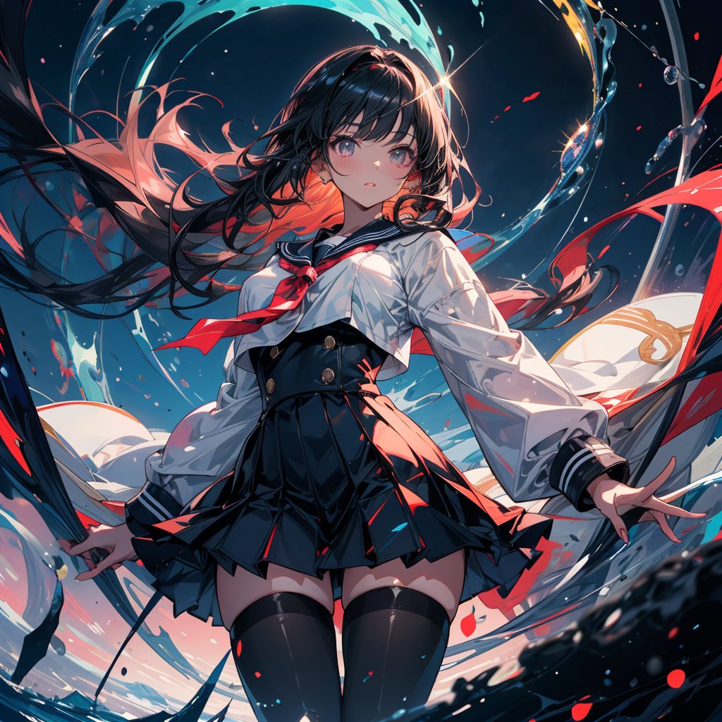 In a vibrant, photo-realistic 2.5D moe anime style, Mami stands triumphantly before a futuristic school building, her dark blonde locks flowing like a river of night. Her sailor uniform's bold colors - black, white, and red - shimmer in the soft light, accentuating her alluring figure. The wind whispers through her hair, tie, and skirt, as she strikes a classic, elegant pose reminiscent of traditional Japanese schoolgirls. Behind her, a sleek tuxedo-clad butler stands at attention, his refined features a testament to his first-generation heritage. The futuristic school's surreal colors and whimsical elements swirl around them, conjuring a magical atmosphere. As the camera zooms in, Mami's features become even more defined, her eyes sparkling like diamonds in the sunlight. Her skin glows with a subtle sheen, as if kissed by the sun. Every strand of hair, every fold of fabric, is meticulously rendered in ultra-fine detail, inviting the viewer to step into this fantastical world.