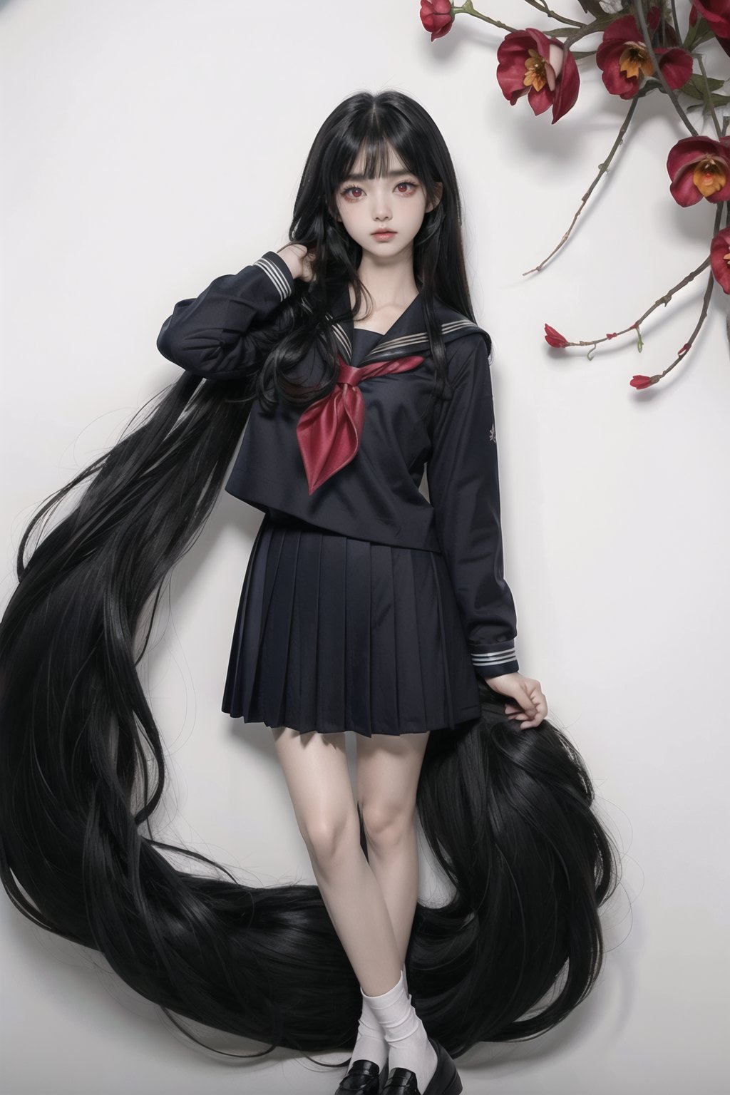 4k,best quality,masterpiece,((black sailor uniform)),(red eyes),red iris,
Bangs,blunt bangs,full body,(red sailor uniform scarf),

The girl wears a black Japanese girls' black sailor uniform and has long black hair in a Hime cut ,black long hair,

(Beautiful and detailed eyes),
Detailed face, detailed eyes, double eyelids ,thin face, real hands,
white background,

real person, color splash style photo,redeyes