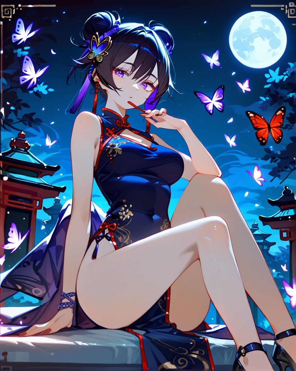 (score_9,score_8_up,score_7_up),1girl, chinese clothes, fan, chinese hair style, purple eyes, black hair with purple underneath, sexy, slender, heels, jewelry, butterfly, sitting, moon in the background, night