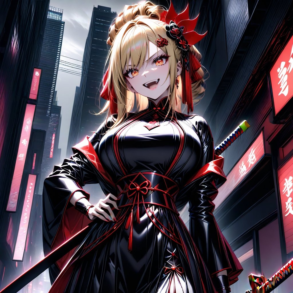 BEST QUALITY, HIGHRES, ABSURDRES, HIGH_RESOLUTION, MASTERPIECE, SUPER DETAIL, HYPER DETAIL, INTRICATE_DETAILS, 64K, japanese demon queen theme, 1girl, blonde hair, pink eyes, lioncloth, large breasts, army of yokais, queen of the yokais, japanese hairstyle, japanese hair ornament, evil laugh, fangs, black clothes, japanese sword, japanese sword stuck in the ground, she is next to a japanese sword, gray skies, modern japanese city night, dramatic lighting, visual effects, the girl stands out, 