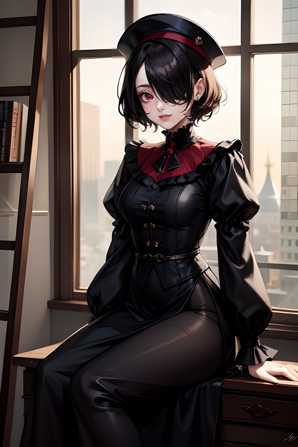 (masterpiece), best quality, a girl dressed in black has vintage hair and red eyes, she is wearing Russian clothes, she is sitting on a ladder, hair over her eyes, hair over one eye