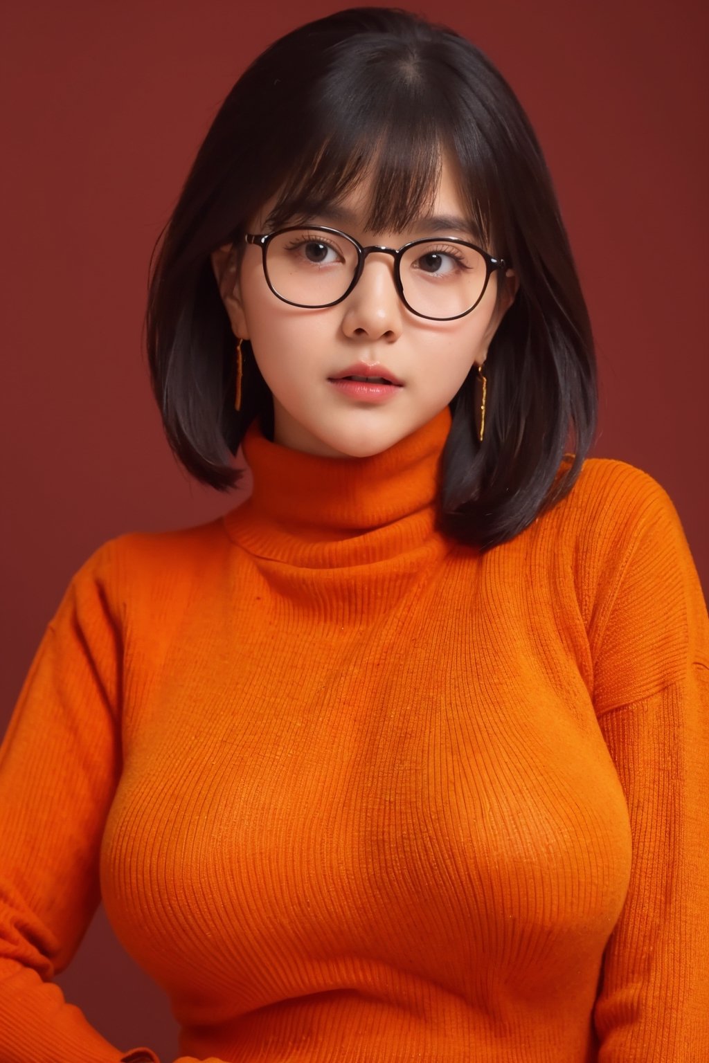 1girl, beautiful face, earrings, wearing (orange turtleneck sweater:1.2) up to her chin,((eye glases)), short dark hair, (simple plain background),busty body,gigantic breast,half body,cleavage,wul4n,nodf_lora,sarahviloid