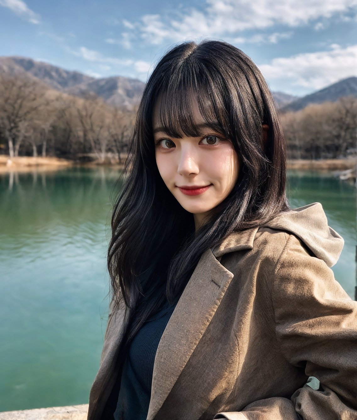 Portrait of a 18 year girl, long black hairs with bangs, detailed eyes, detailed face, detailed nose, detailed hairs, place Japan, eungirl, with full body in frame, warm clothing, brown coat, black leather skirt, black boots, delicate, graceful figure, beautiful and sexy supermodel, beautiful and perfect face, suitable body, tight waist, correct anatomy, Bright eyes, realistic body, realistic, 16k resolution, original image, raw photo, high details, high image quality, sharp focus, dynamic light, medium depth of field, whole body, place walking by mono-colored lake

Half_body shot from the side angle, facing the camera, shy faint smile