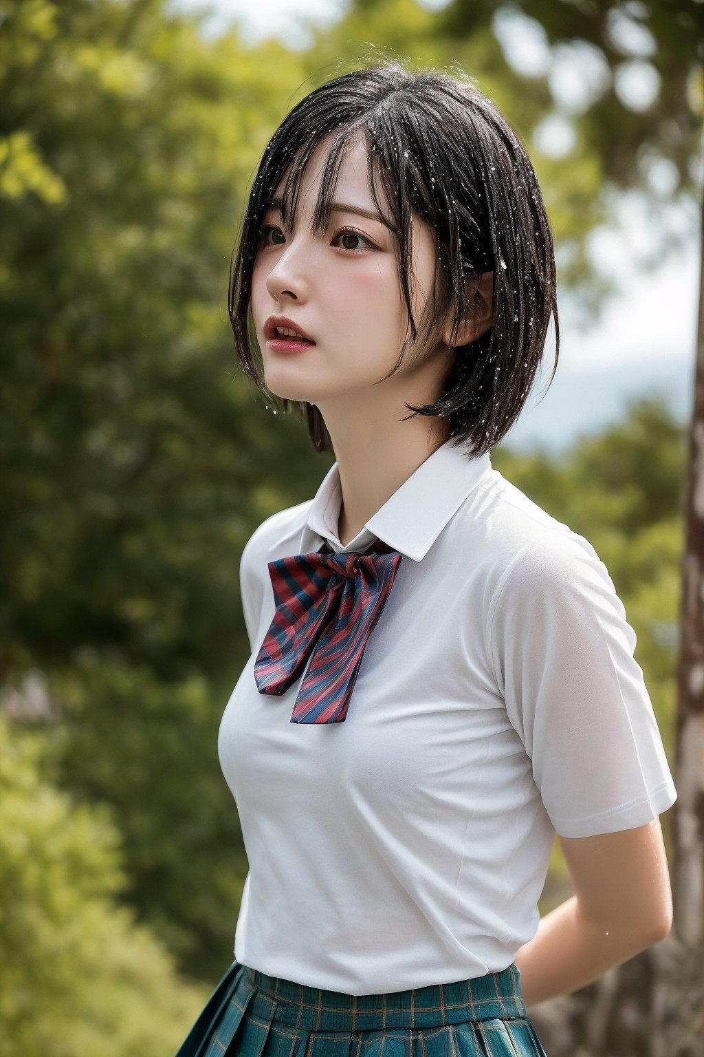 A 18 year girl, wolfcut haircut, wolfcut,  black_hair, detailed face, detailed nose, detailed hairs, place Japan, eungirl, with full body in frame, wearing cropped school shirt, bowtie, unbuttoned shirt, pleated skirt ladylike, delicate, graceful figure, beautiful and sexy supermodel, beautiful and perfect face, suitable body, correct anatomy, Bright eyes, realistic body, realistic, 16k resolution, original image, high details, high image quality, sharp focus, dynamic light, medium depth of field,  whole body, place by the beach, wet clothes, taking off shirt pose

Half_body shot from the side angle, facing the camera, far from the camera