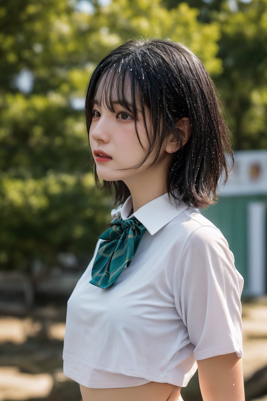 A 18 year girl, wolfcut haircut, wolfcut,  black_hair, detailed face, detailed nose, detailed hairs, place Japan, eungirl, with full body in frame, wearing cropped school shirt, bowtie, unbuttoned shirt, pleated skirt ladylike, delicate, graceful figure, beautiful and sexy supermodel, beautiful and perfect face, suitable body, correct anatomy, Bright eyes, realistic body, realistic, 16k resolution, original image, high details, high image quality, sharp focus, dynamic light, medium depth of field,  whole body, place by the beach, wet clothes

Half_body shot from the side angle, facing the camera, far from the camera