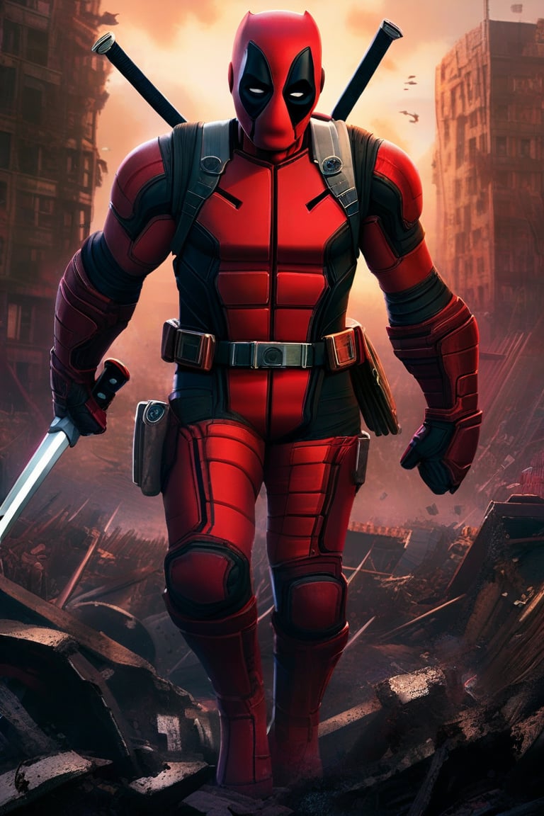 In a ravaged cityscape, Deadpool stands victorious amidst chaotic destruction. His bold red suit gleams under intense lighting, casting dramatic shadows on his chiseled features. He wears gloves, boots, and belt, but it's the crimson bodysuit that commands attention. Deadpool swords are at the ready, exuding power as he surveys the devastation, his superhuman strength evident in every confident pose.