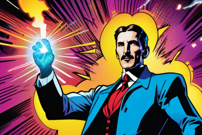 Nikola Tesla as electric superhero, lightning powers, tesla coil in background, dc comic book style, cover page, bright colours