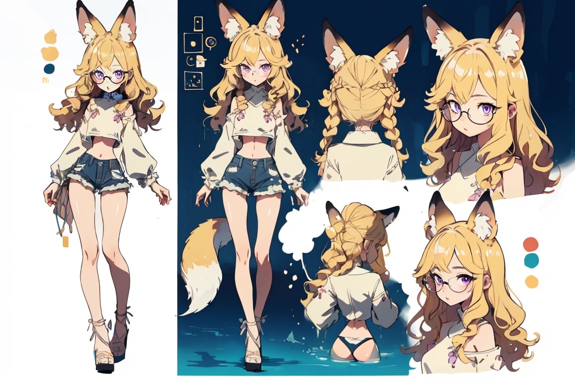 (CharacterSheet:1), 1girl, simple backgound, white background,  (multiple views, full body, upper body, reference sheet:1), by oda non by yogisya, a very skinny girl, blonde hair, straight hair, mature girl, long legs, sexy, purple eyes, hourglass figure, big boobs, fox ears, fox tail, fox tail coming from behind, sexy, bikini, purple bra, no top, denim short shorts, glasses, indoors, twilight, intimacy, soft lighting, masterpiece, best quality, high quality, highres, absurdres, very detailed, high resolution, sharp, sharp image, 8k, vivid, colorful, stunning, anime, aesthetic, skinny, full body, full-body_portrait, (purple eyes), lingerie, high heels, big tits, big_boobs, Thick Thighs, Thigh Gap, Wide Hips, Thin Waist, multiple views, butt_cheeks, big_breast, 