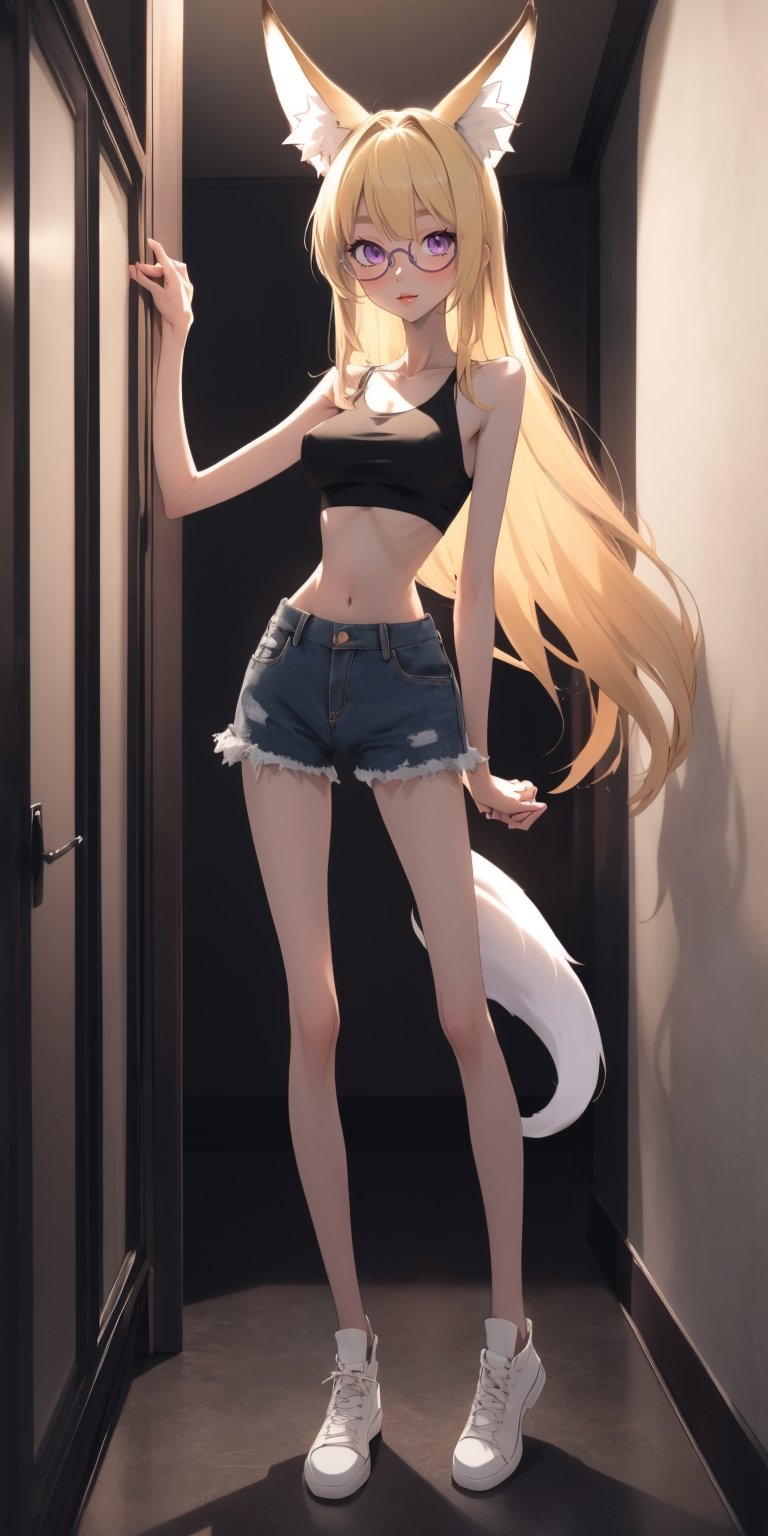 by oda non by yogisya, a very skinny girl looking out the window, standing, blonde hair, sexy, purple eyes, fox ears, fox tails, sexy crop top, glasses, indoors, narrow storage room, detailed background, twilight, intimacy, soft lighting, masterpiece, best quality, high quality, highres, very detailed, high resolution, sharp, sharp image, 8k, vivid, colorful, stunning, anime, aesthetic, skinny, full body, full-body_portrait, (purple eyes), big tits, denim shorts, big_boobies, 