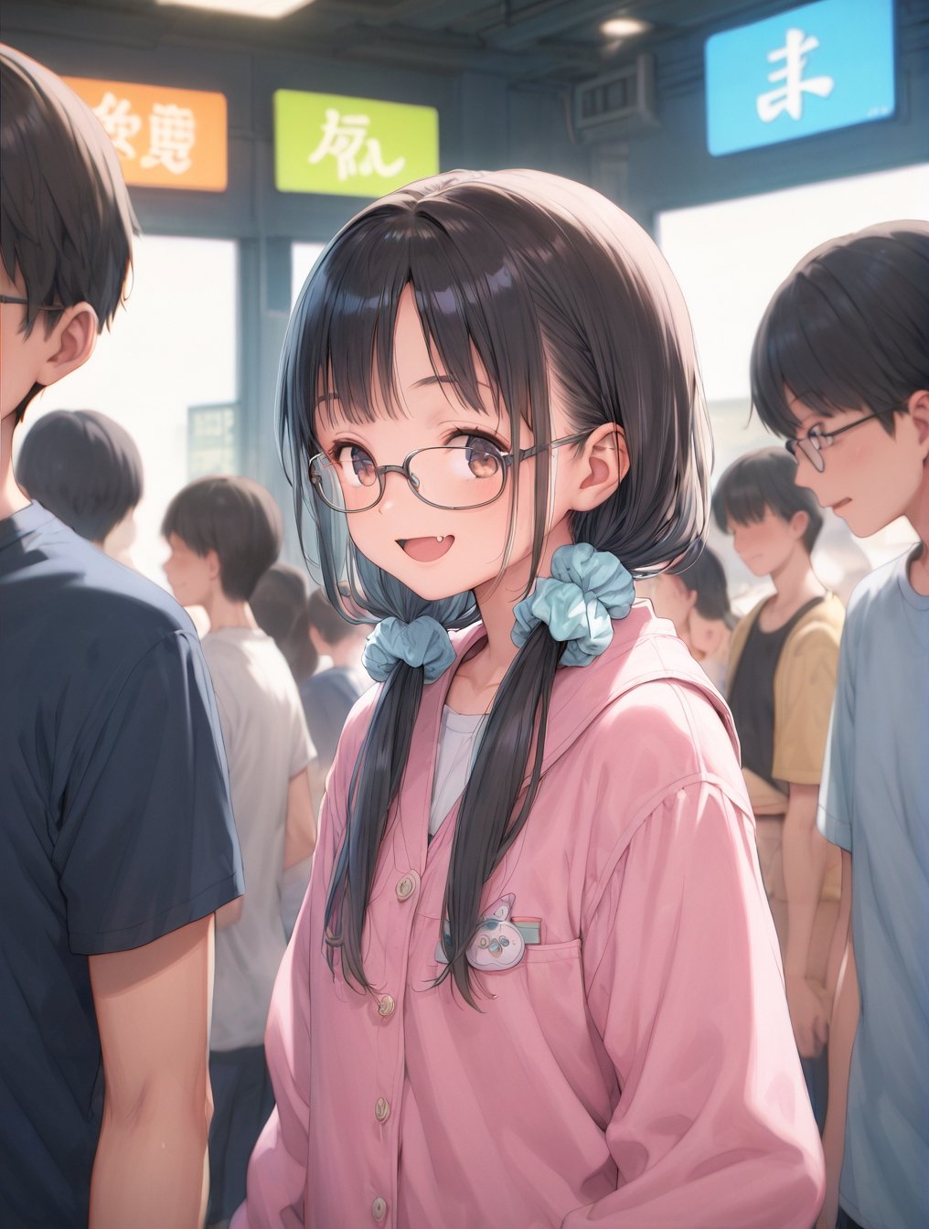 score_9, score_8_up, score_7_up, 
source_anime, 
BREAK 
1girl, loli, yumekawa, yumekawaii, (colorful, pastel colors), 
black hair, long low twintails, hair scrunchie, glasses, smile, fang, 
BREAK 
female focus, solo focus, 
class room, indoors, faceless child crowd, 
depth of field, 
chromatic aberrations, countershading, 