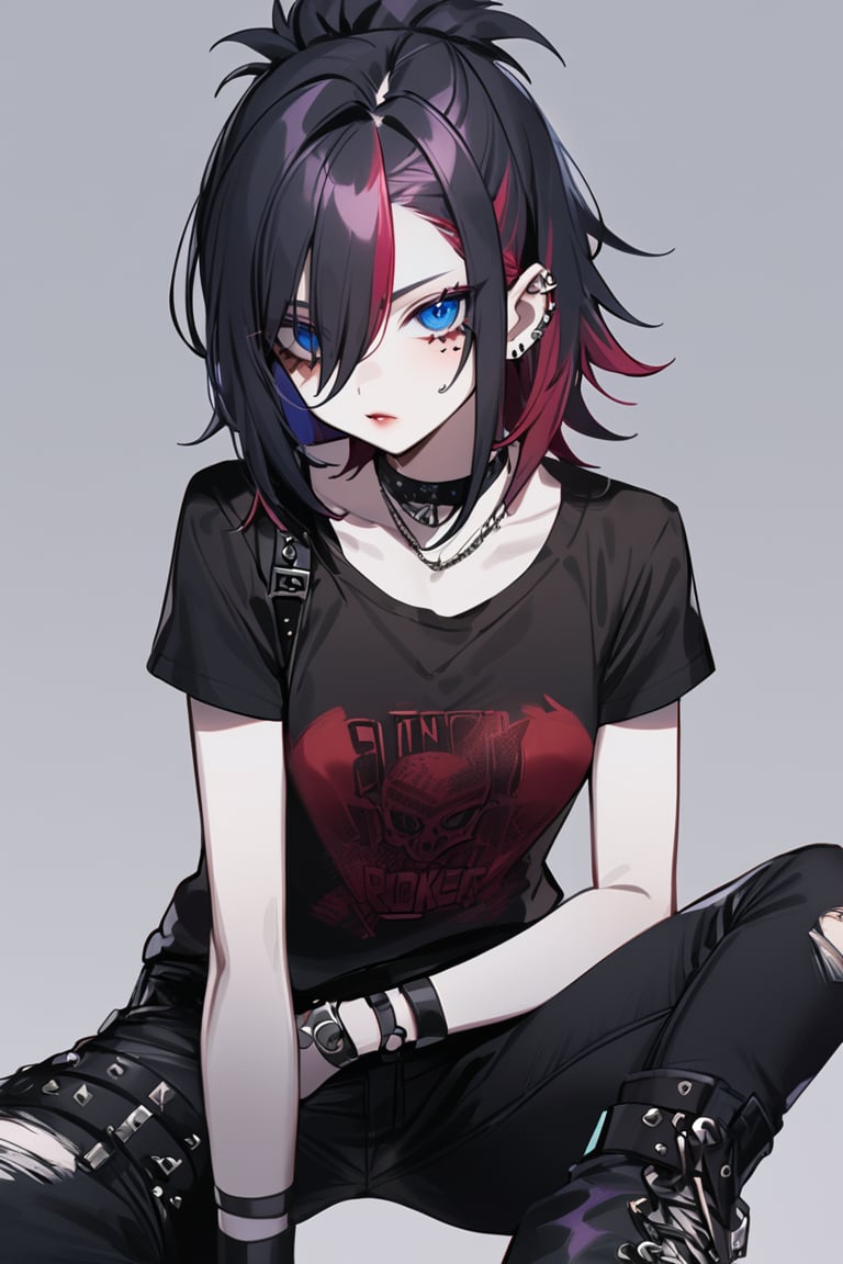 one Female Punk Rocker named Jill, pale skin color, Bold haircut, Black hair, piercing blue eyes, with Black faded Faded Red T-shirt, wearing Ripped Black Jeans