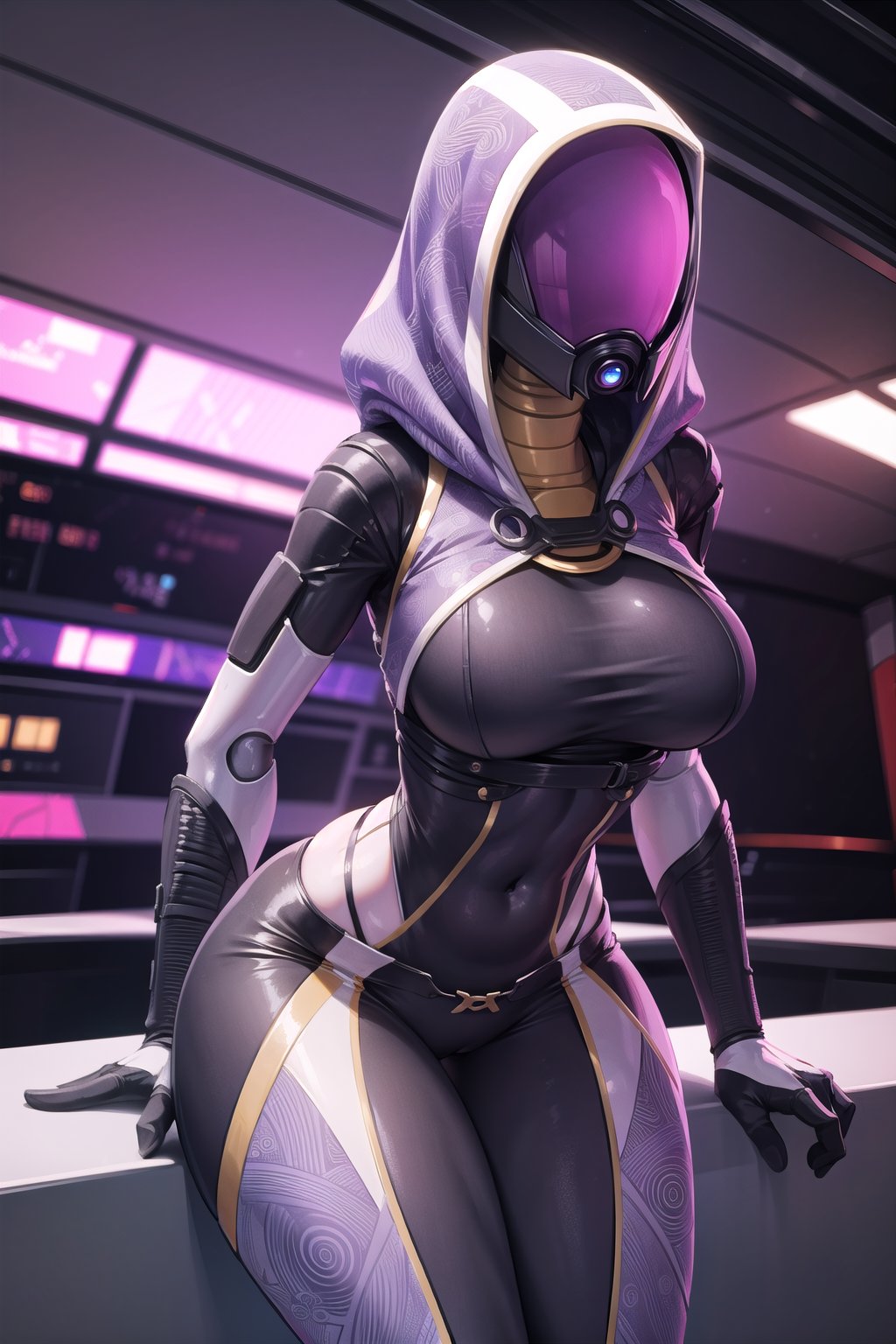 tali, leaning_forward, wide_hips, alien_girl, helmet, upper body focus, faceless, voluptuous