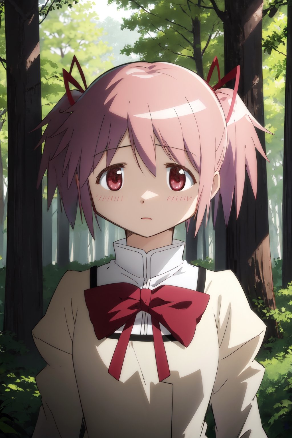 masterpiece, 1girl, in forest, trees around, madoka kaname, school uniform, upper body focus