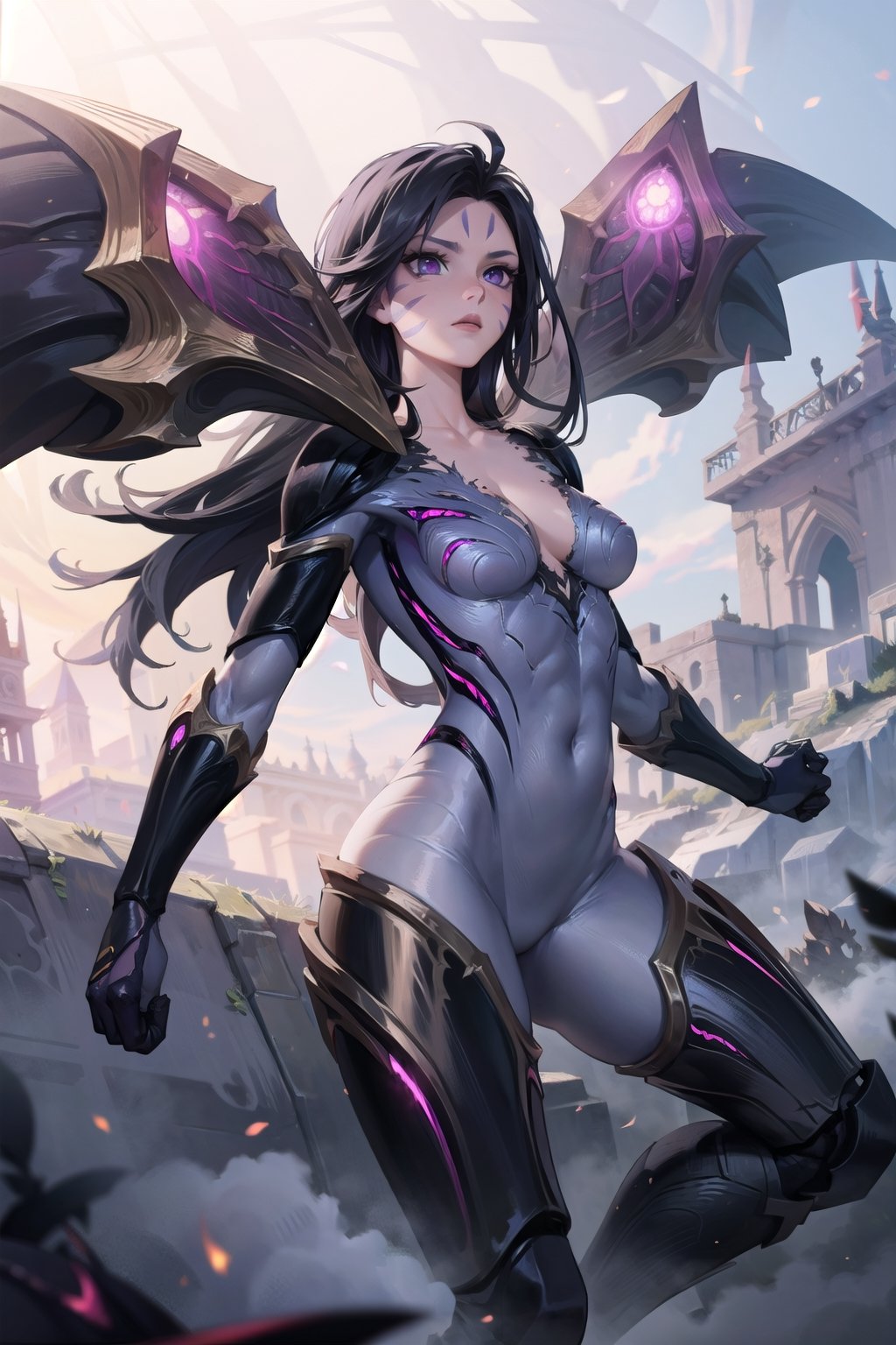 masterpiece, kaisa, black hair, long hair, purple eyes, facial mark, bodysuit, wings