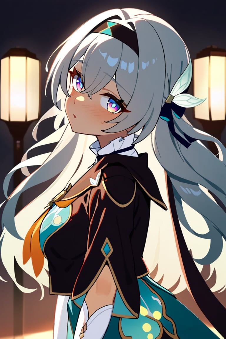 1girl, with ambient light from the side, light makeup, warm, moist, oily complexion, more detail XL,
looking at viewer,
,firefly \(honkai:star rail\),black jacket, white shirt, neckerchief,green skirt,bridal gauntlets,