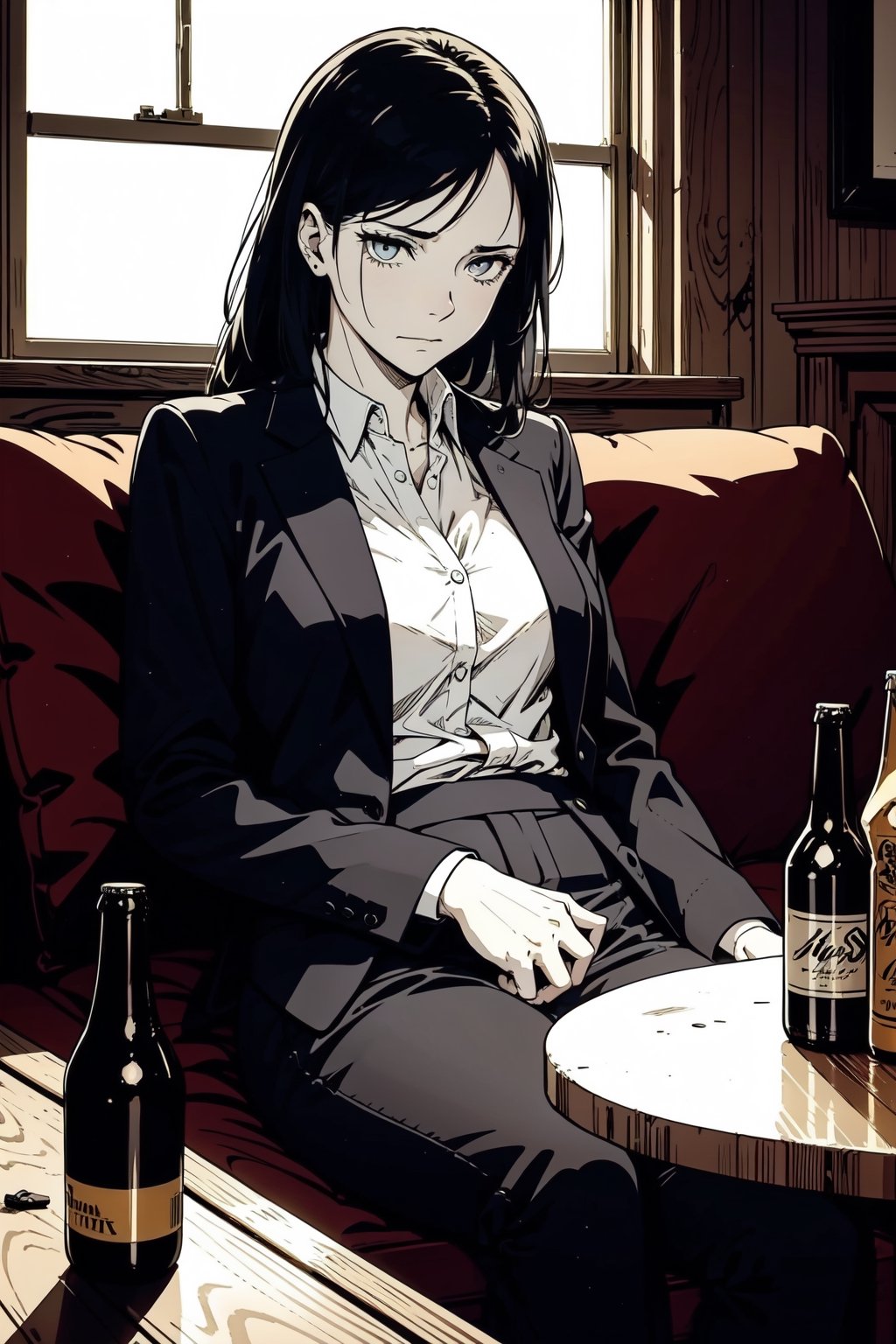 A worn-out businesswoman slumps on a couch, her tailored suit a stark contrast to the relaxed atmosphere. Beer bottles litter the coffee table, evidence of a long night. The dimly lit room's warm glow casts a cozy ambiance, with soft shadows dancing across the walls. Her posture screams exhaustion, her gaze downcast as she cradles an empty beer bottle.