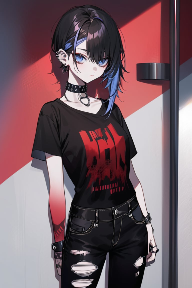 one Female Punk Rocker named Jill, pale skin color, Bold haircut, Black hair, piercing blue eyes, with Black faded Faded Red T-shirt, wearing Ripped Black Jeans