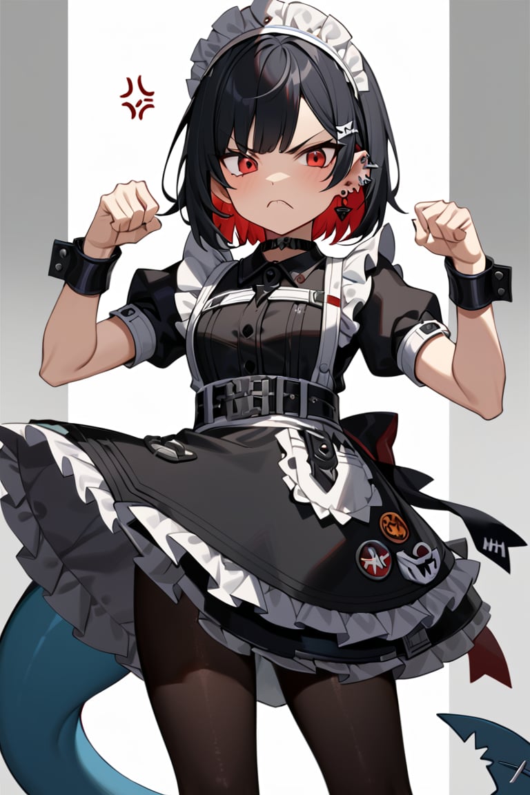 more detail XL,ellen, red eyes, black hair, short hair, colored inner hair, hairclip, ear piercing, fins, shark tail,maid headdress, hair ornament, black dress, puffy short sleeves, choker, frilled dress, high-waist skirt, black pantyhose, wrists cuffs, apron, belt, black footwear, angry