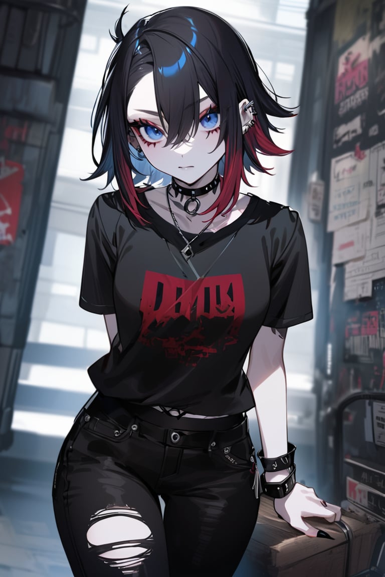 one Female Punk Rocker named Jill, pale skin color, Bold haircut, Black hair, piercing blue eyes, with Black faded Faded Red T-shirt, wearing Ripped Black Jeans