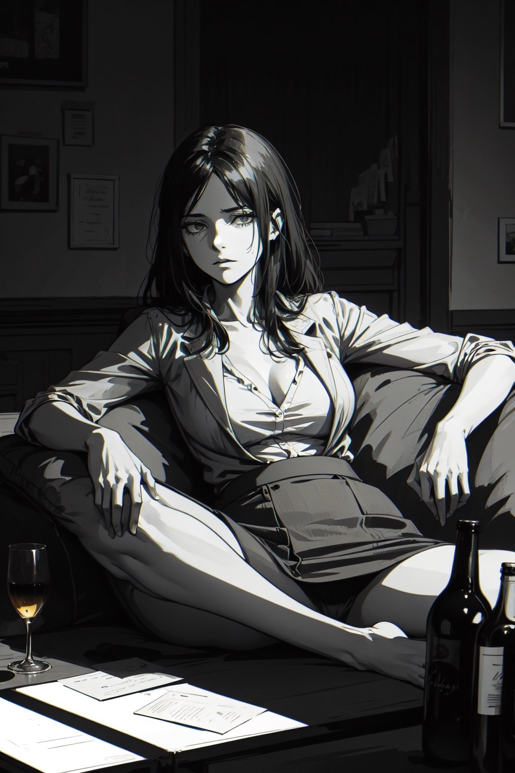 A worn-out businesswoman slumps on a couch, her tailored suit a stark contrast to the relaxed atmosphere. Beer bottles litter the coffee table, evidence of a long night. The dimly lit room's warm glow casts a cozy ambiance, with soft shadows dancing across the walls. Her posture screams exhaustion, her gaze downcast as she cradles an empty beer bottle.