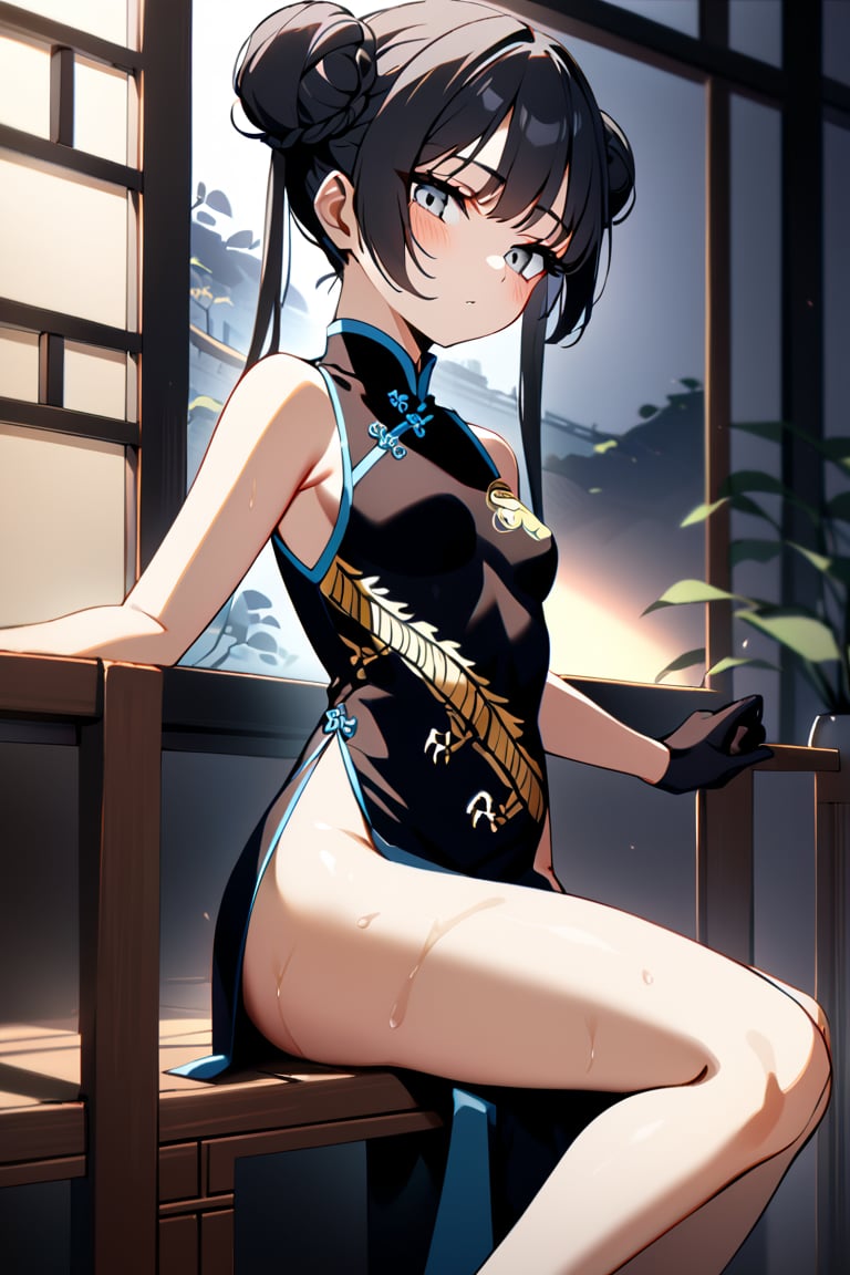 1girl, medium_breasts,
with ambient light from the side, light makeup, warm, moist, oily complexion, more detail XL, kisaki, black hair, double bun, grey eyes, long hair, bare legs, sleeveless dress, black gloves, black dress, china clothes, looking at viewer,