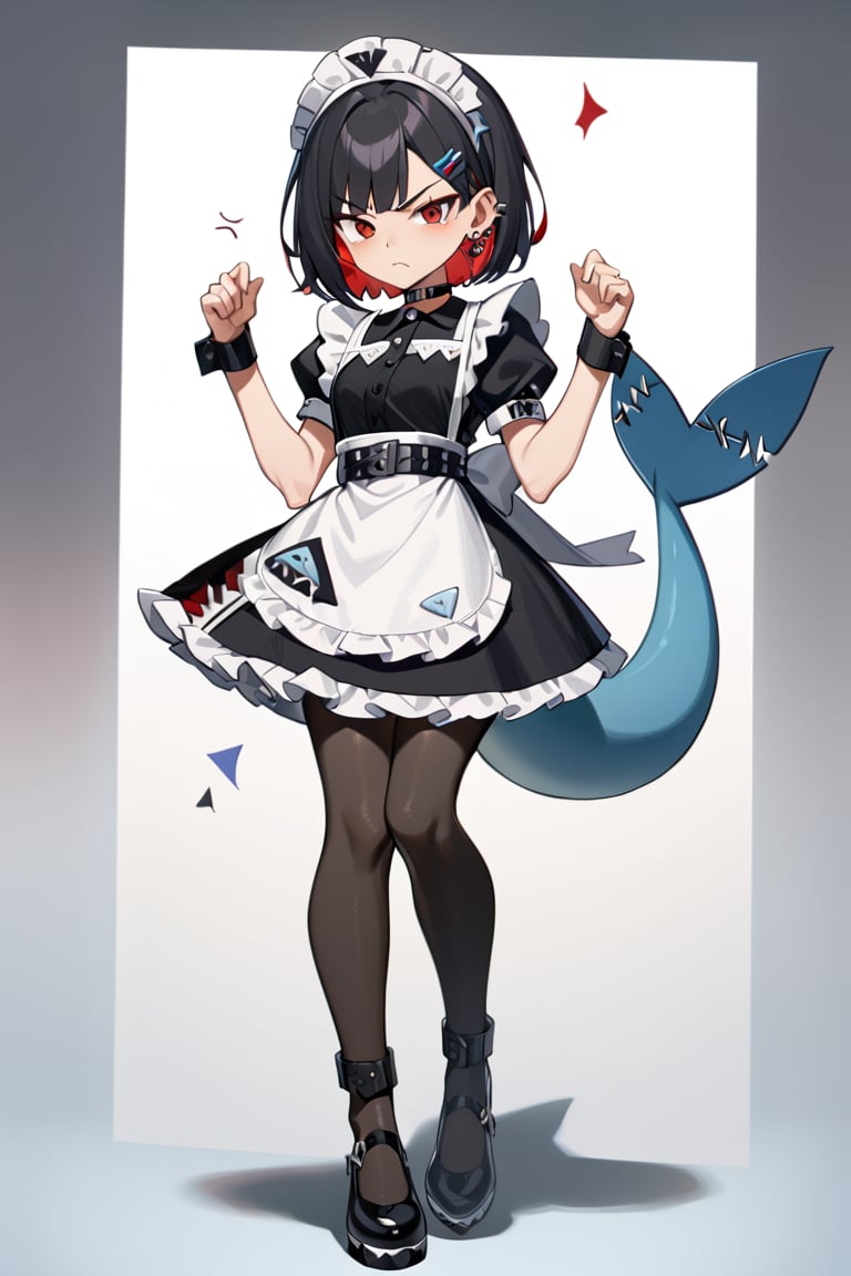 more detail XL,ellen, red eyes, black hair, short hair, colored inner hair, hairclip, ear piercing, fins, shark tail,maid headdress, hair ornament, black dress, puffy short sleeves, choker, frilled dress, high-waist skirt, black pantyhose, wrists cuffs, apron, belt, black footwear, angry