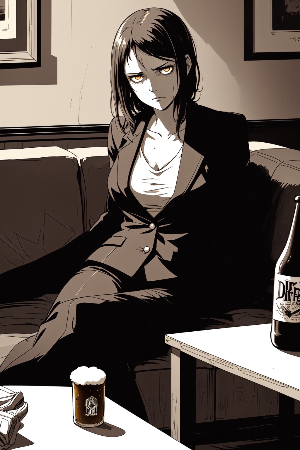 A worn-out businesswoman slumps on a couch, her tailored suit a stark contrast to the relaxed atmosphere. Beer bottles litter the coffee table, evidence of a long night. The dimly lit room's warm glow casts a cozy ambiance, with soft shadows dancing across the walls. Her posture screams exhaustion, her gaze downcast as she cradles an empty beer bottle.