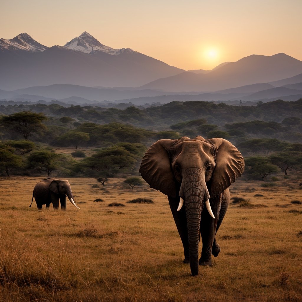 A photorealistic image of an African elephant  standing in a tall grass field at dusk. The elephant is facing the viewer with its trunk raised in the air.  In the background, a majestic, snow-capped mountain range stretches across the horizon, with the faint light of the setting sun casting a warm glow on the peaks. 