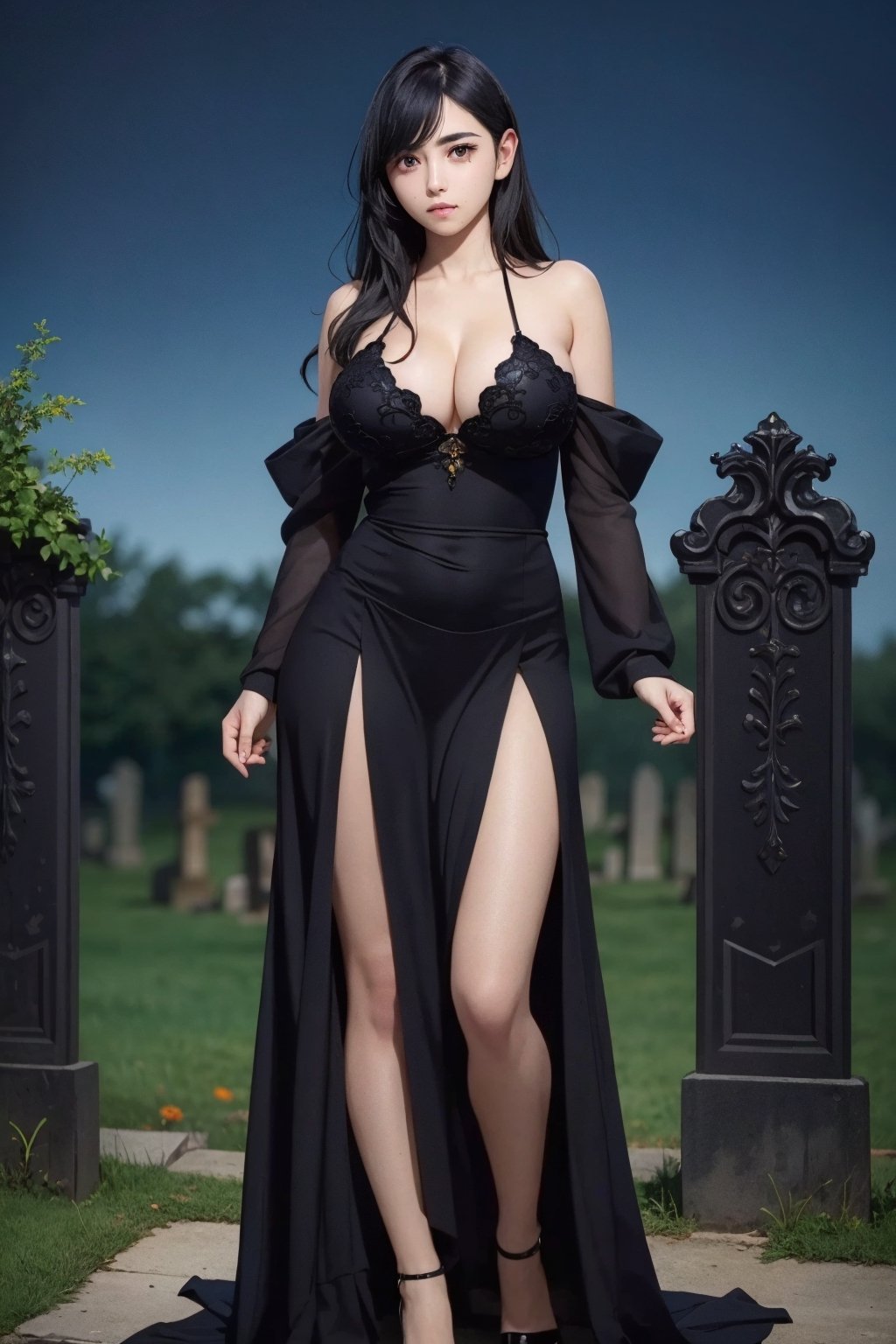 (masterpiece), (realistic), concept art of a necromancer and a elf on medieval graveyard, (fantasy medieval), (medieval clothes:1.4) , black clothes, big breast, full body, impasto, stunning woman detailed, sharp focus, dramatic, award winning, cinematic lighting, , volumetrics dtx, film grain, blurry background, blurry foreground, bokeh, depth of field, ,interaction, (minakatahizuru), (purple eyes:0.7),