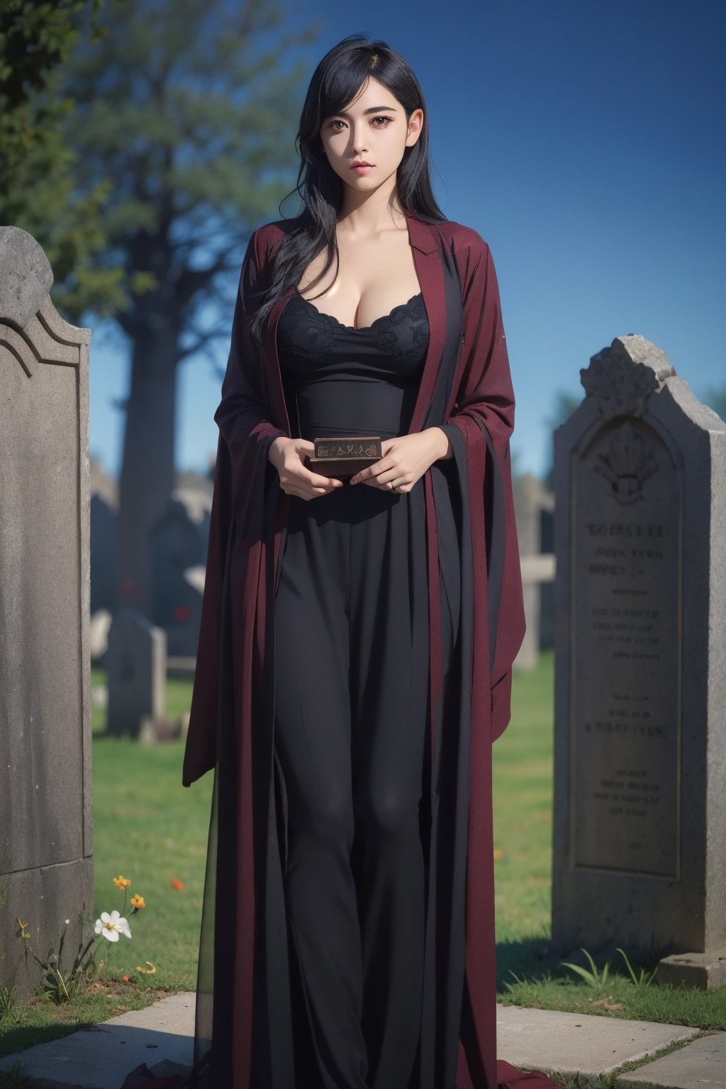 (masterpiece), (realistic), concept art of a necromancer and a elf on medieval graveyard, (fantasy medieval), (medieval clothes:1.4) , black clothes, big breast, full body, impasto, stunning woman detailed, sharp focus, dramatic, award winning, cinematic lighting, , volumetrics dtx, film grain, blurry background, blurry foreground, bokeh, depth of field, ,interaction, (minakatahizuru), (purple eyes:0.7)