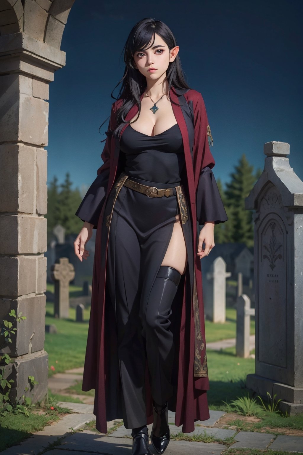 (masterpiece), (realistic), concept art of a necromancer and a elf on medieval graveyard, (fantasy medieval), (medieval clothes:1.4) , black clothes, big breast, full body, impasto, stunning woman detailed, sharp focus, dramatic, award winning, cinematic lighting, , volumetrics dtx, film grain, blurry background, blurry foreground, bokeh, depth of field, ,interaction, (minakatahizuru), (purple eyes:0.7)