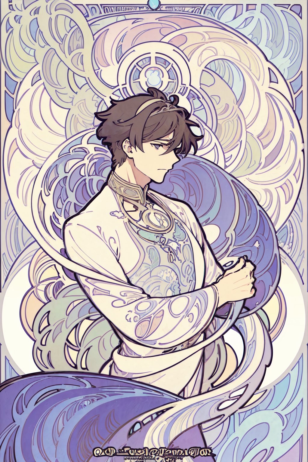  illustration, art_nouveau, Art Nouveau by Alphonse Mucha, tarot, 1male, anime style,Solid background, square, electrical wires, dark colors,straight line