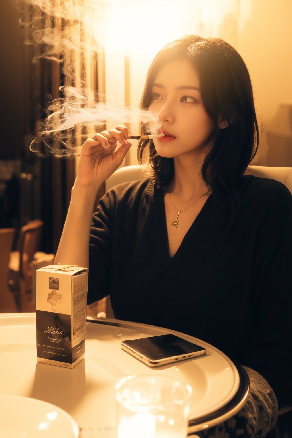 1girl, solo, black hair, dress, holding, jewelry, sitting, necklace, watermark, chair, smoke, cigarette, smoking , glowing effect , low_light golden shade background 