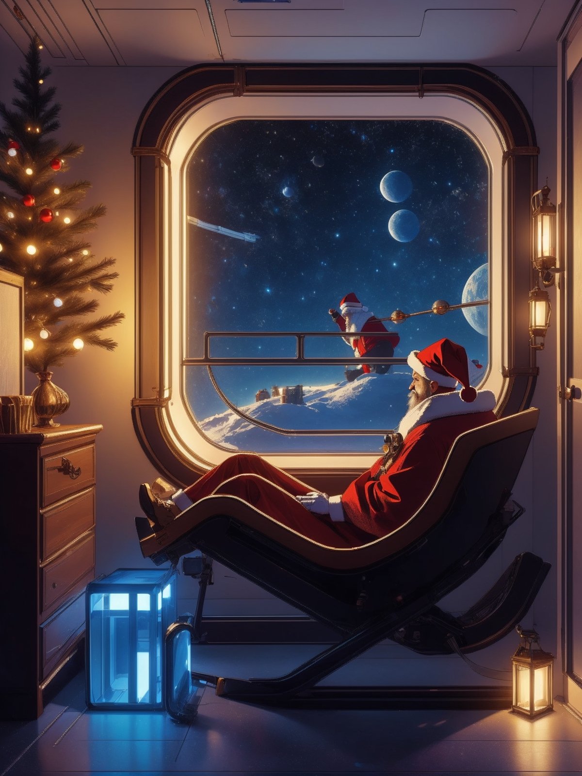 masterpiece, 8k, high_resolution,

christmas in space, santa clause on his sled outside the window, Futuristic room