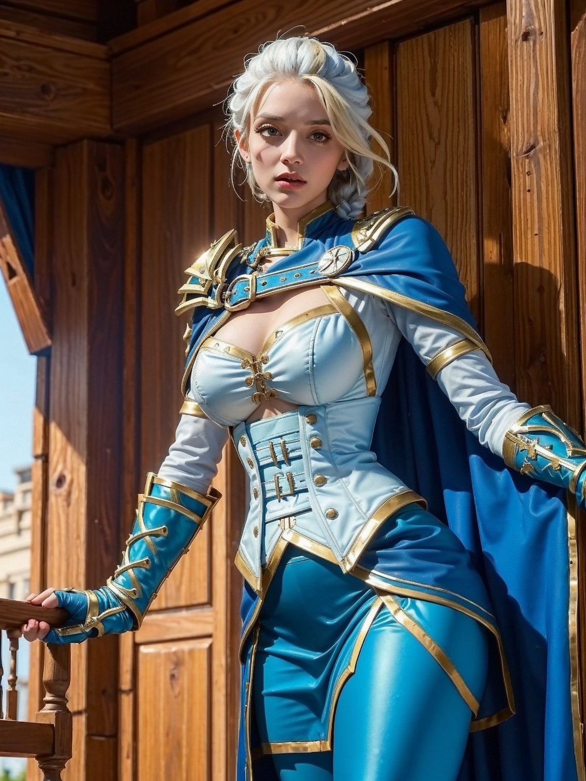 masterpiece, 8k, high_resolution,

6ft tall, slim waist, large breast,More Detail,JainaProudmoore, lord admiral, single pauldron, cape, cropped jacket, corset, detached sleeves, gloves, (blue pants:1.1), (skirt:1.1), single gauntlet,