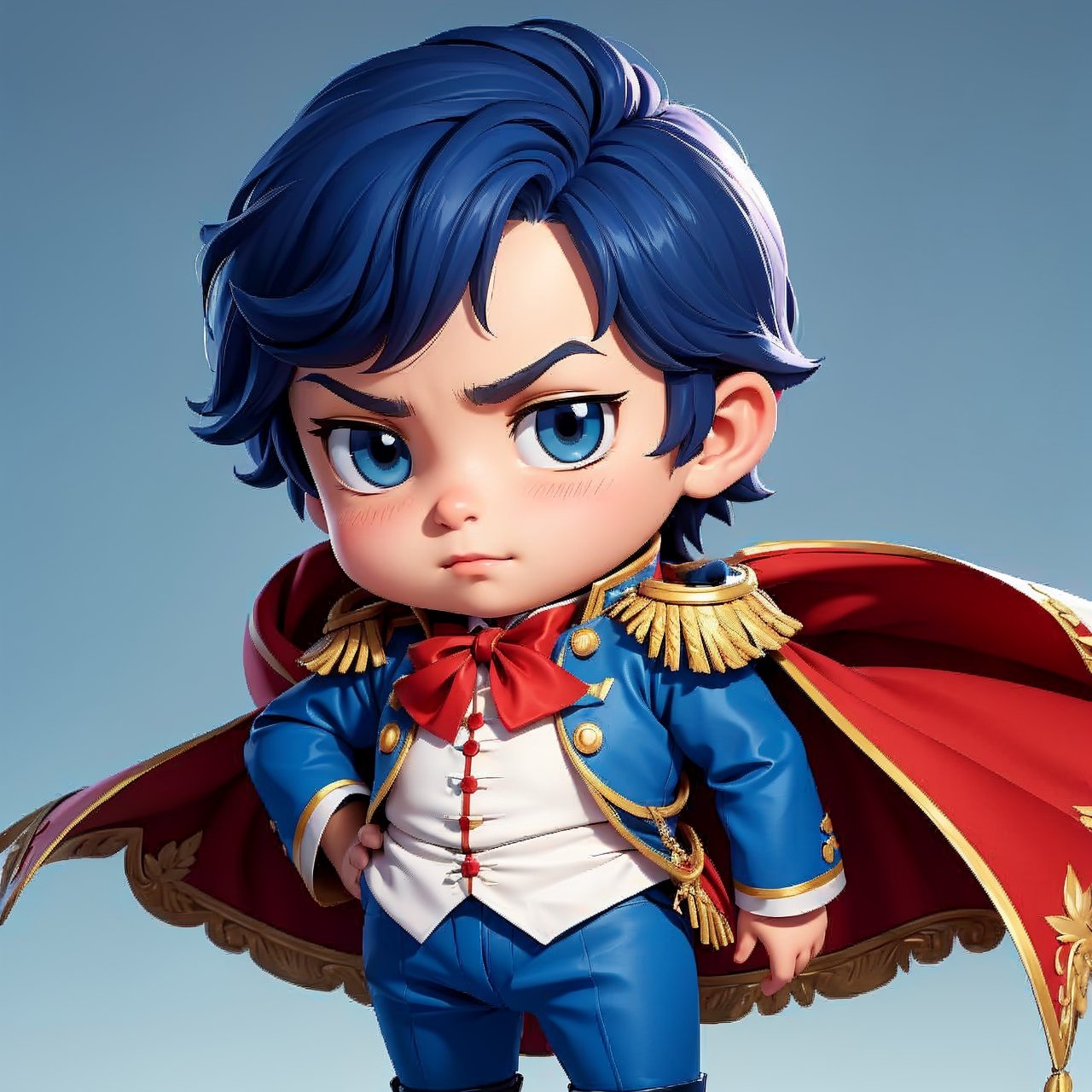 draw me a chibi Napoleon Bonaparte in blue uniform and a red cape