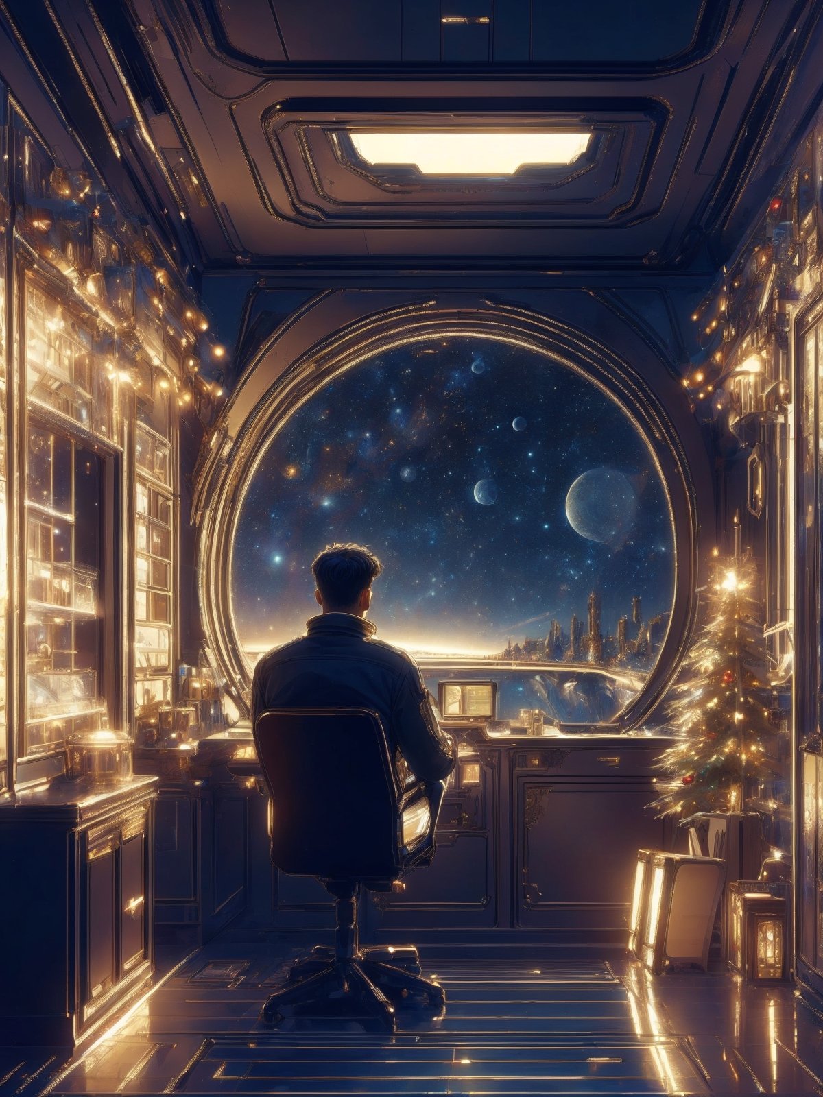 masterpiece, 8k, high_resolution,

christmas in space, Futuristic room